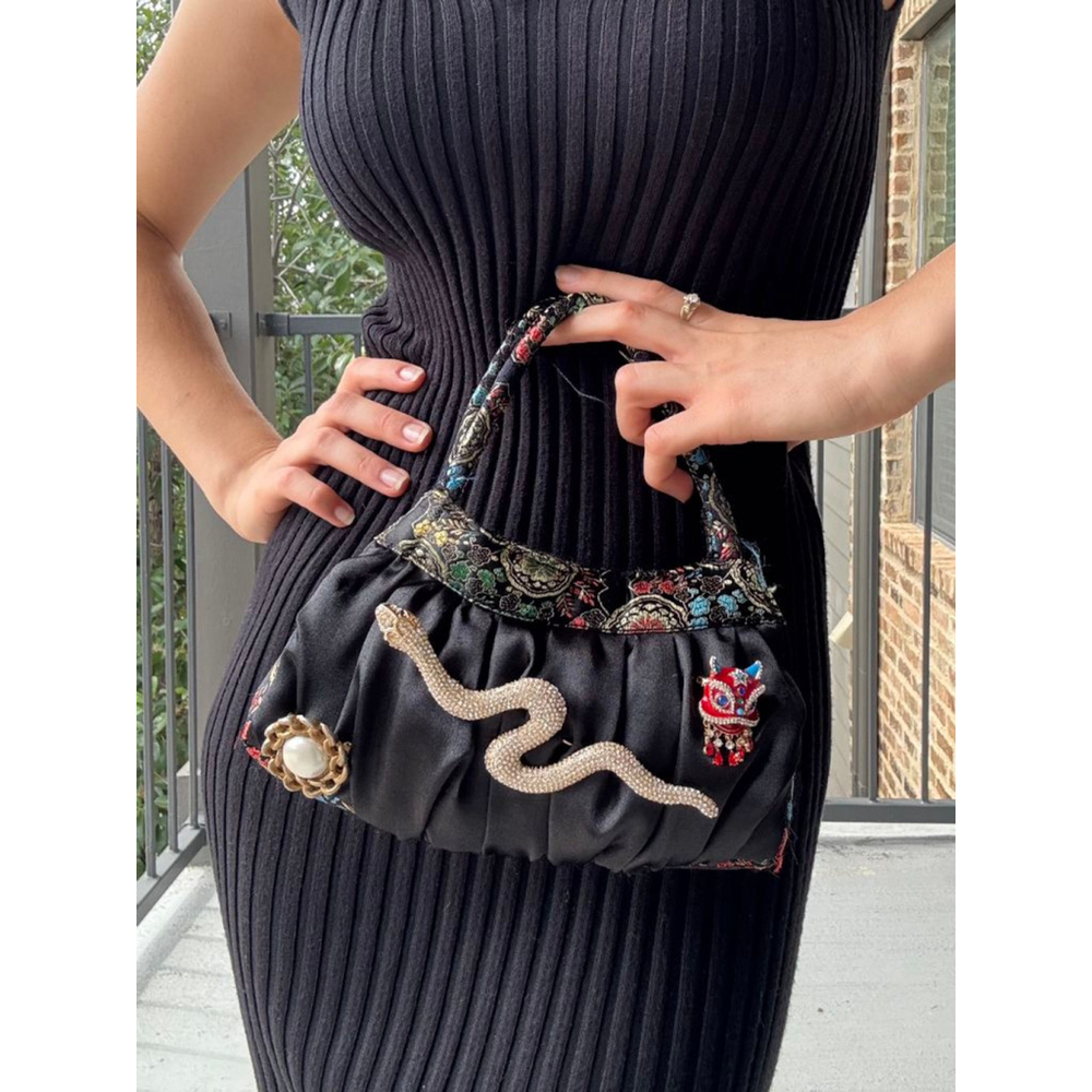 Black multi color print dragon, snake and pearl handbag - Picture 8 of 8